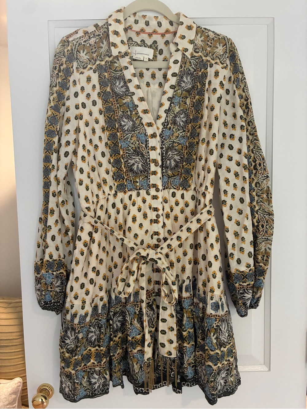 Anthropologie Cream Floral Print Long Sleeve Boho Dress